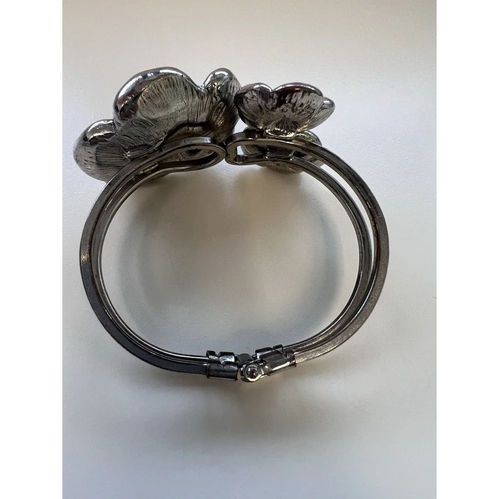 Silver Toned Flower Floral Poppy‎ Cuff Rigid Bracelet Bohemian Festival Fairy